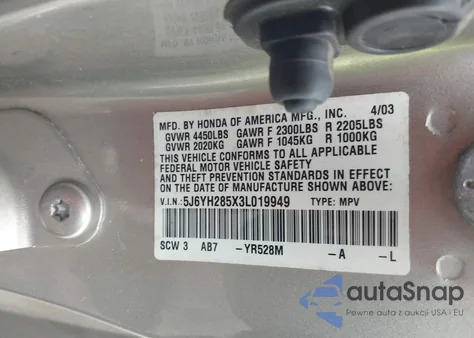2003 Honda Element Ex из США, поврежденный, VIN 5J6YH285X3L019949